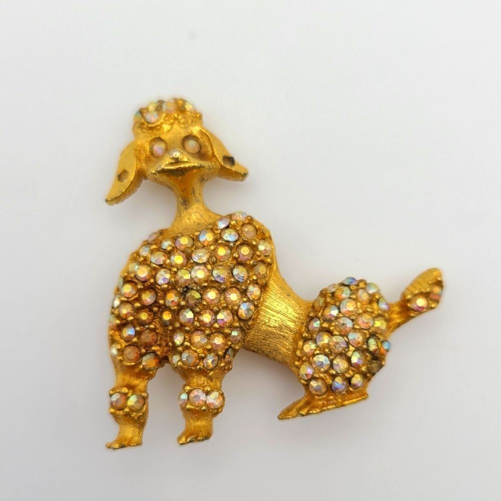 Vintage Poodle Dog Brooch Pin, rhinestones, gold tone